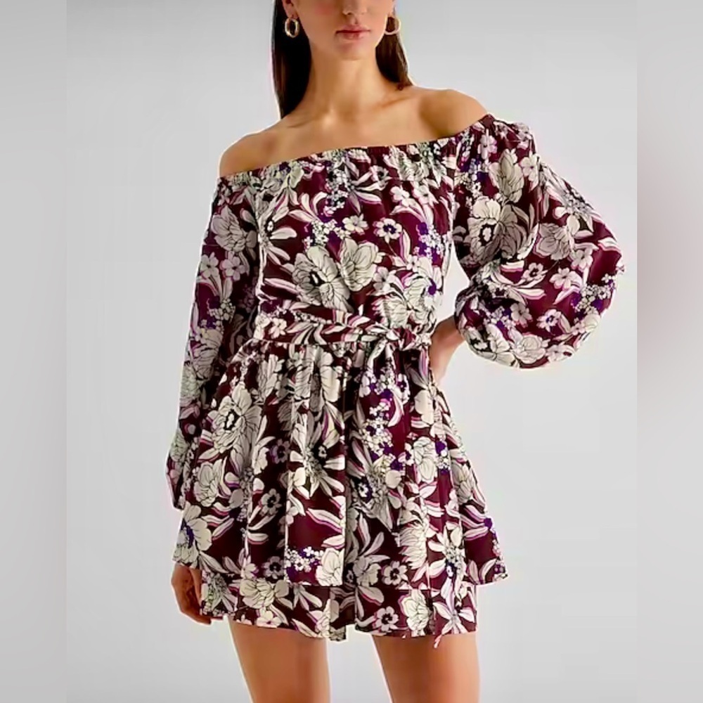 NWT Express Sz XS Floral Off The Shoulder Tie Waist Ruffle Romper - Picture 7 of 7